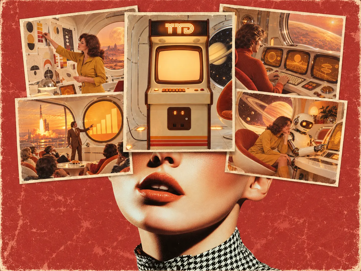 Collage of a retro woman whose head is covered by space-age photos, with the TTD-7000 arcade in the middle